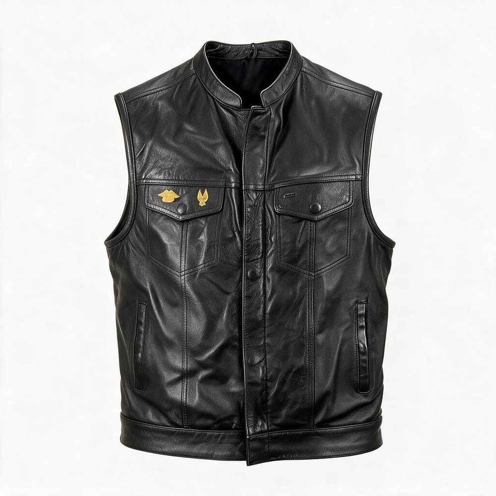 FMC Leather Motorcycle Vest Mens XXL Black Biker HOG Pins Snap Zip Front #3034